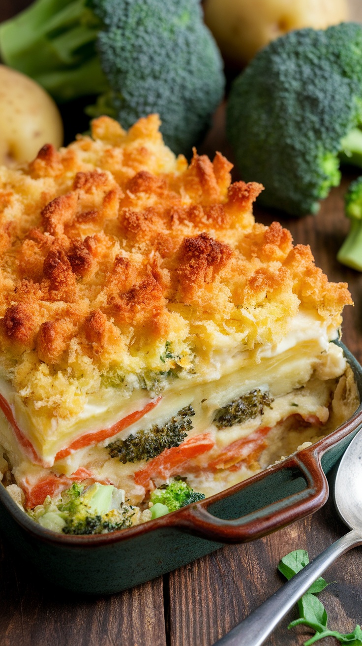 Creamy potato casserole with broccoli topped with golden breadcrumbs, served in a rustic dish.